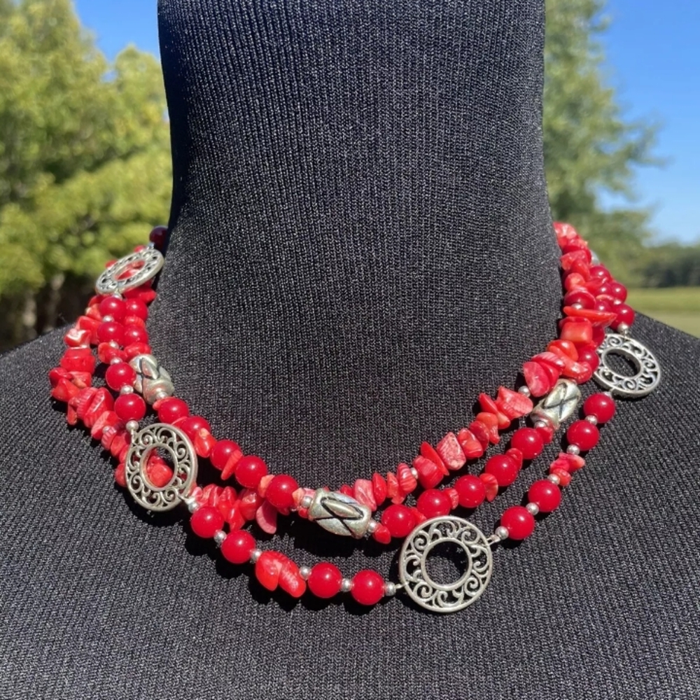 PREMIER DESIGNS Jewelry Firecracker Necklace Red Beads 3 Strand 18-21”